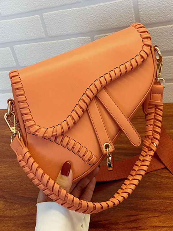 Urban Split-Joint Solid Color PU Shoulder Bag Saddle Bag - Image 14