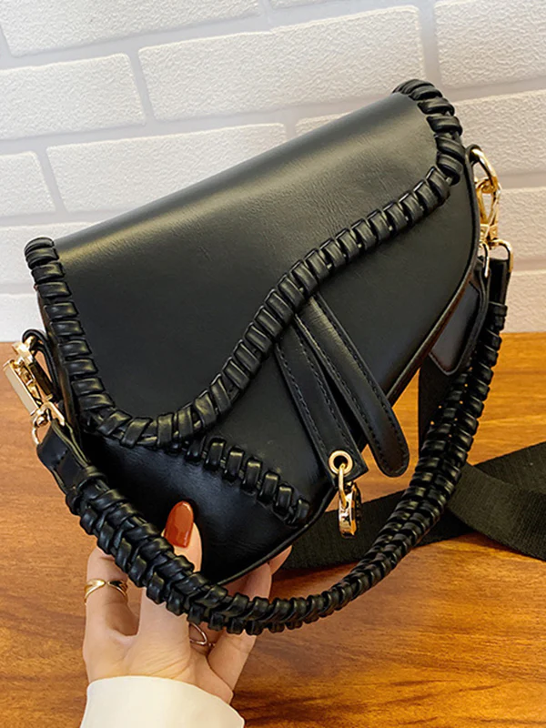 Urban Split-Joint Solid Color PU Shoulder Bag Saddle Bag - Image 15