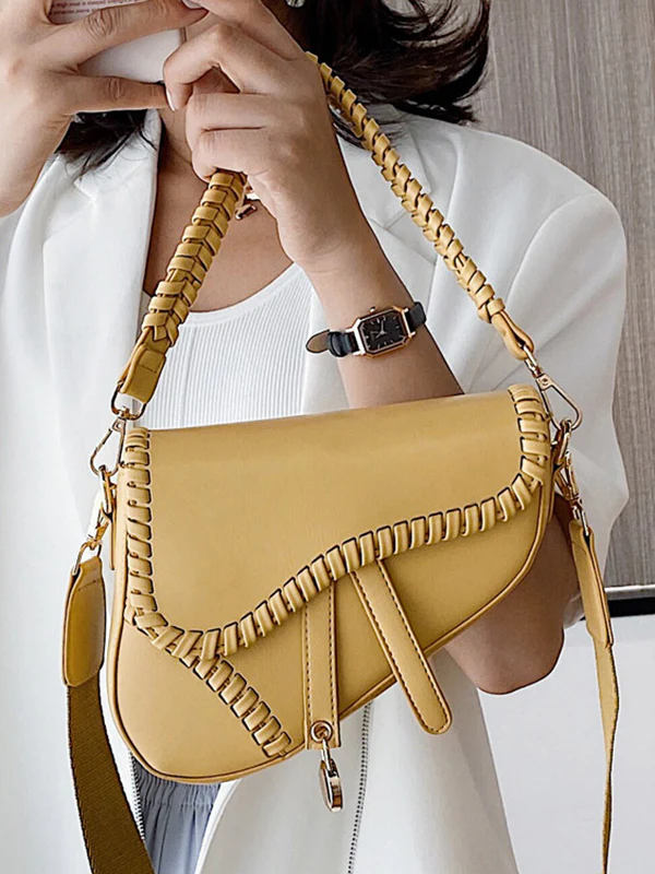 Urban Split-Joint Solid Color PU Shoulder Bag Saddle Bag - Image 2