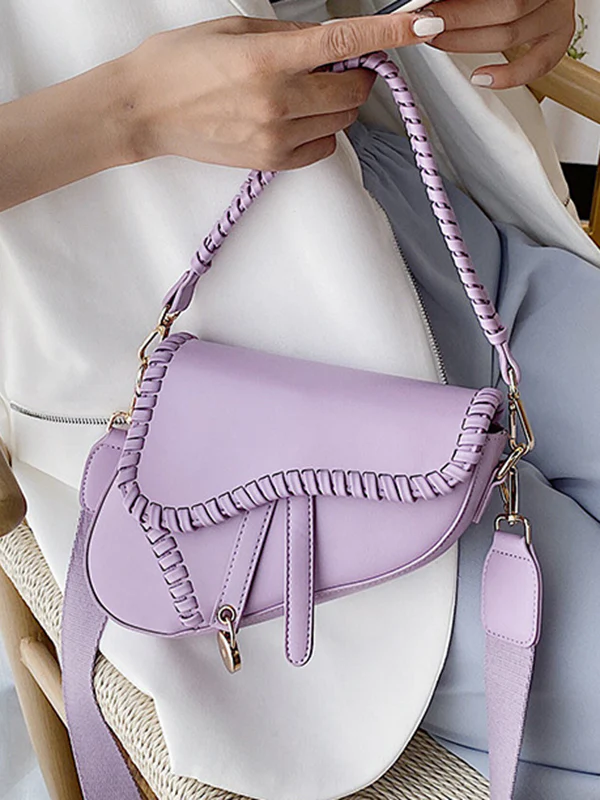 Urban Split-Joint Solid Color PU Shoulder Bag Saddle Bag - Image 3