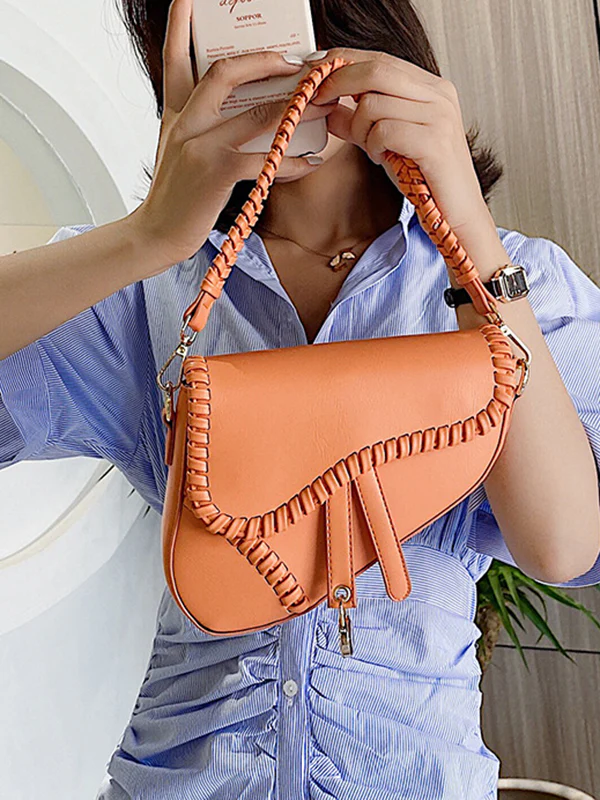 Urban Split-Joint Solid Color PU Shoulder Bag Saddle Bag - Image 4