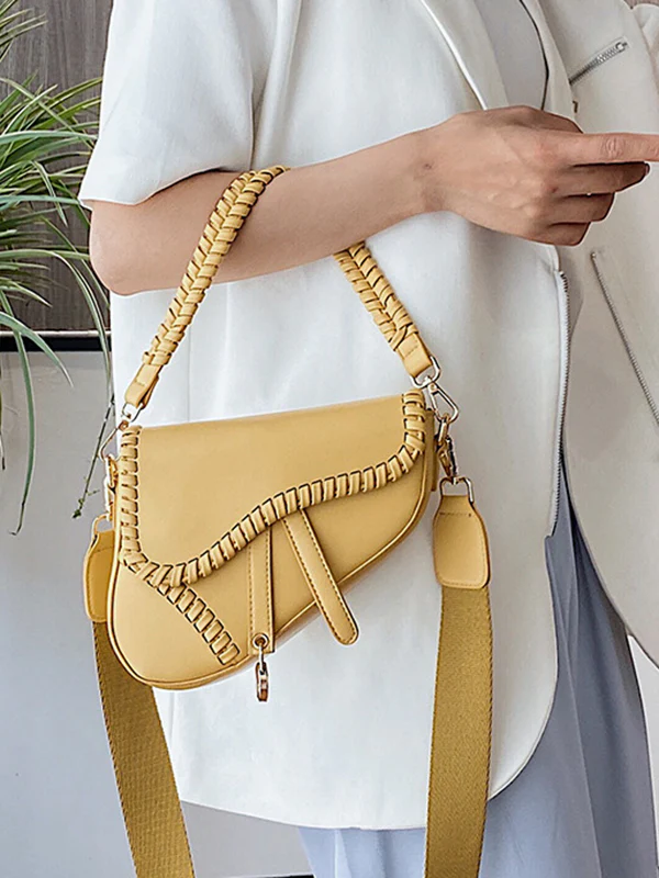 Urban Split-Joint Solid Color PU Shoulder Bag Saddle Bag - Image 7