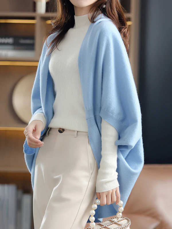 Urban Wool Loose Solid Color Batwing Sleeves Cape Cardigan Tops - Image 15