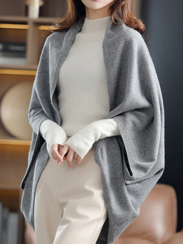 Urban Wool Loose Solid Color Batwing Sleeves Cape Cardigan Tops - Image 2
