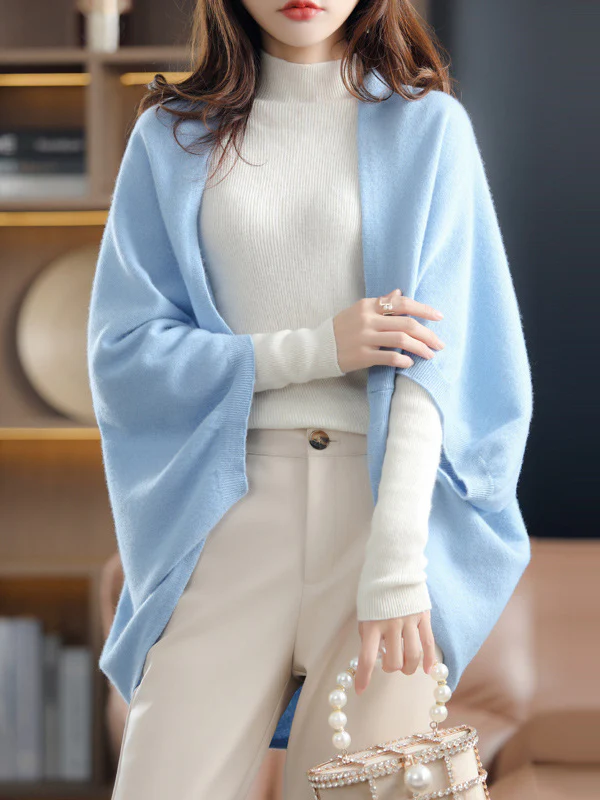 Urban Wool Loose Solid Color Batwing Sleeves Cape Cardigan Tops - Image 6