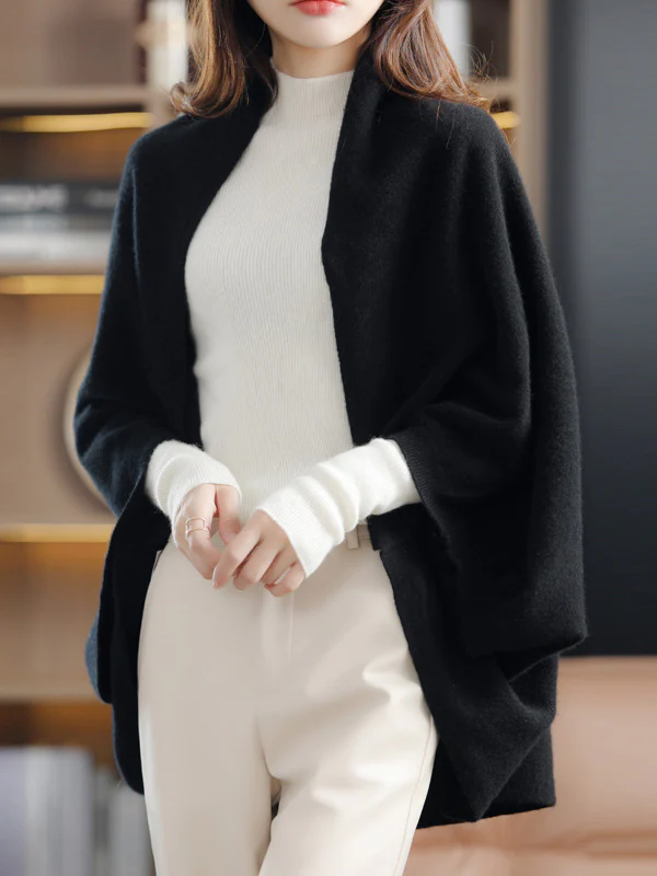 Urban Wool Loose Solid Color Batwing Sleeves Cape Cardigan Tops - Image 7