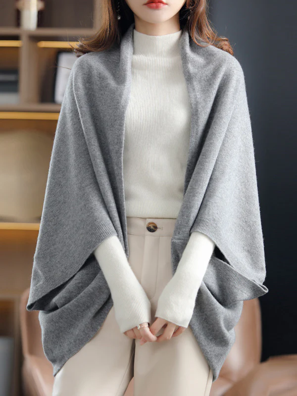Urban Wool Loose Solid Color Batwing Sleeves Cape Cardigan Tops - Image 8