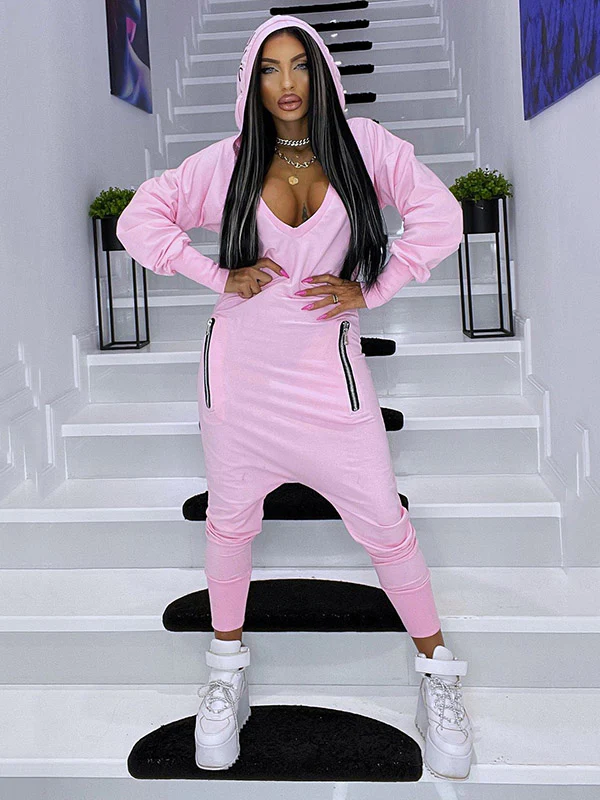 V-Neck Hollow Hooded Pocket Long Sleeve Athletic Jumpsuit