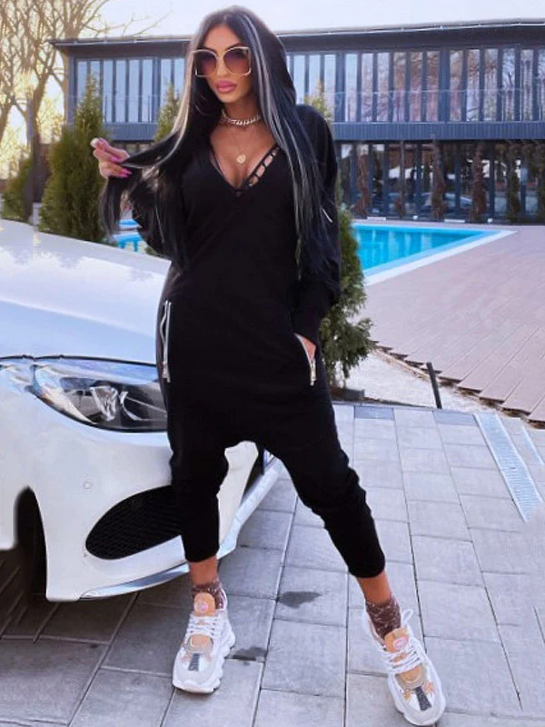 V-Neck Hollow Hooded Pocket Long Sleeve Athletic Jumpsuit - Image 3