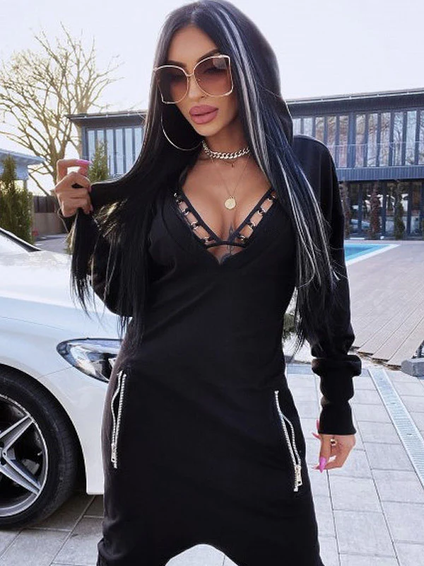 V-Neck Hollow Hooded Pocket Long Sleeve Athletic Jumpsuit - Image 4