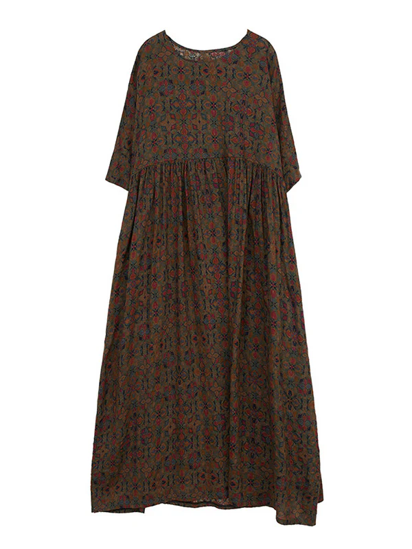 Vacation Loose Half Sleeves Floral Printed Pleated Round-Neck Midi Dresses - Image 10