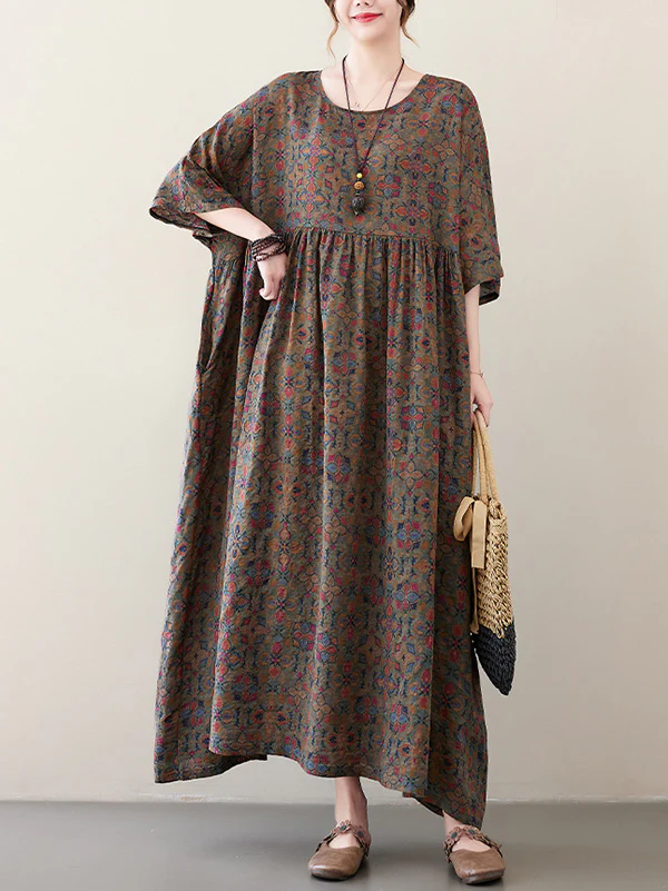 Vacation Loose Half Sleeves Floral Printed Pleated Round-Neck Midi Dresses - Image 2