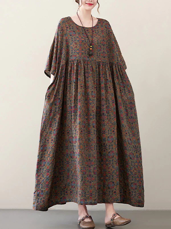 Vacation Loose Half Sleeves Floral Printed Pleated Round-Neck Midi Dresses - Image 3