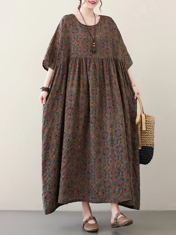 Vacation Loose Half Sleeves Floral Printed Pleated Round-Neck Midi Dresses - Image 4