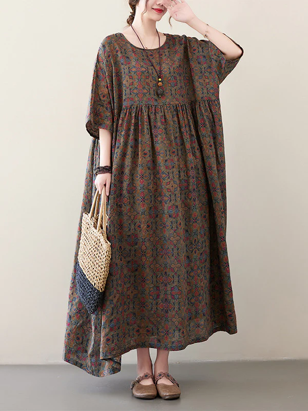 Vacation Loose Half Sleeves Floral Printed Pleated Round-Neck Midi Dresses - Image 5