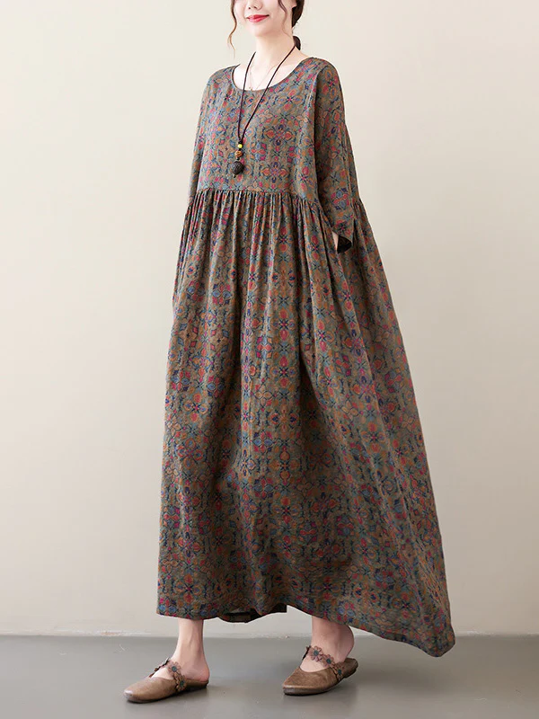 Vacation Loose Half Sleeves Floral Printed Pleated Round-Neck Midi Dresses - Image 6