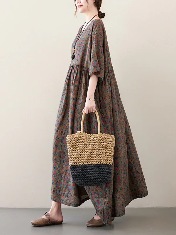 Vacation Loose Half Sleeves Floral Printed Pleated Round-Neck Midi Dresses - Image 7