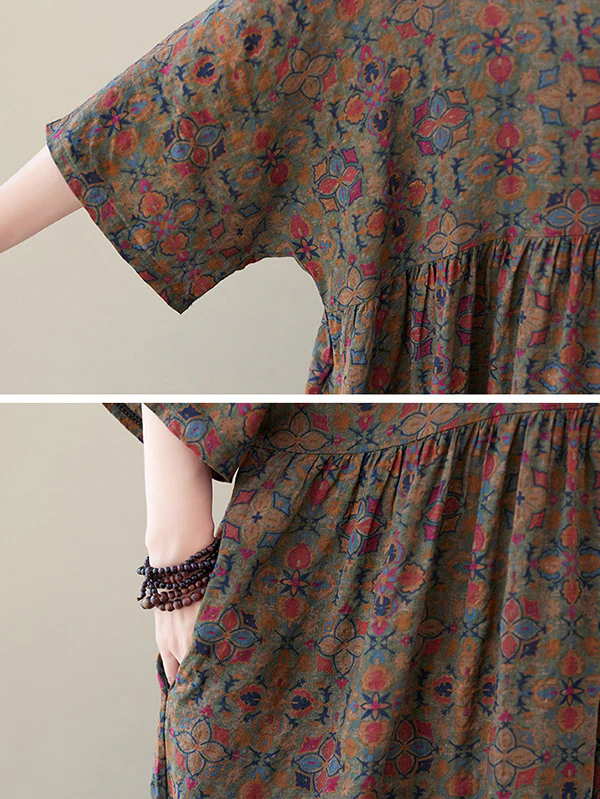 Vacation Loose Half Sleeves Floral Printed Pleated Round-Neck Midi Dresses - Image 9