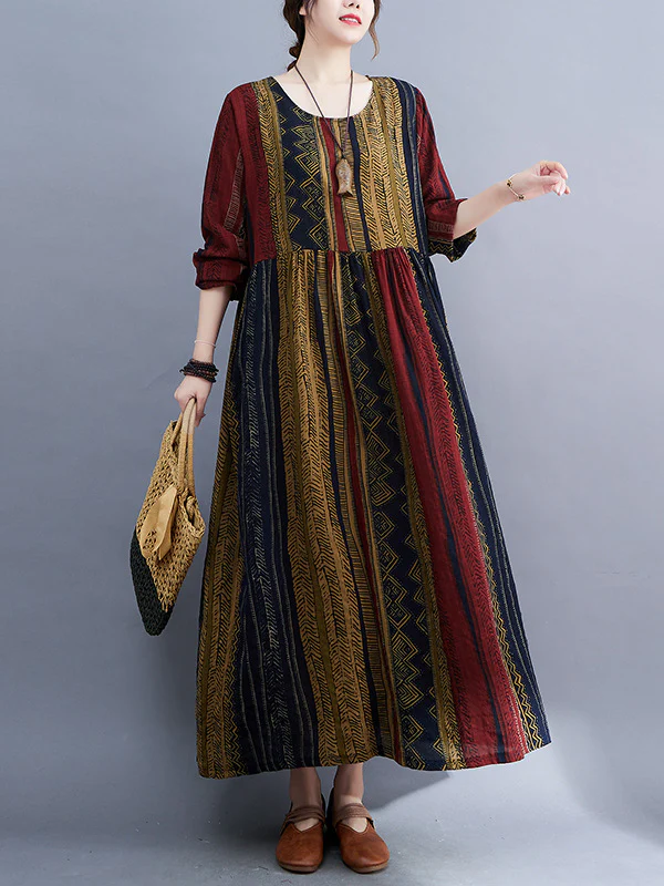 Vacation Loose Long Sleeves Contrast Color Printed Round-Neck Midi Dresses - Image 2