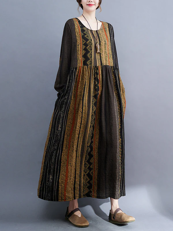 Vacation Loose Long Sleeves Contrast Color Printed Round-Neck Midi Dresses - Image 3