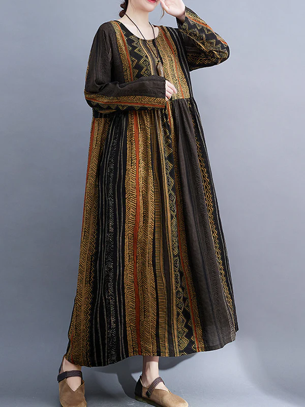 Vacation Loose Long Sleeves Contrast Color Printed Round-Neck Midi Dresses - Image 4