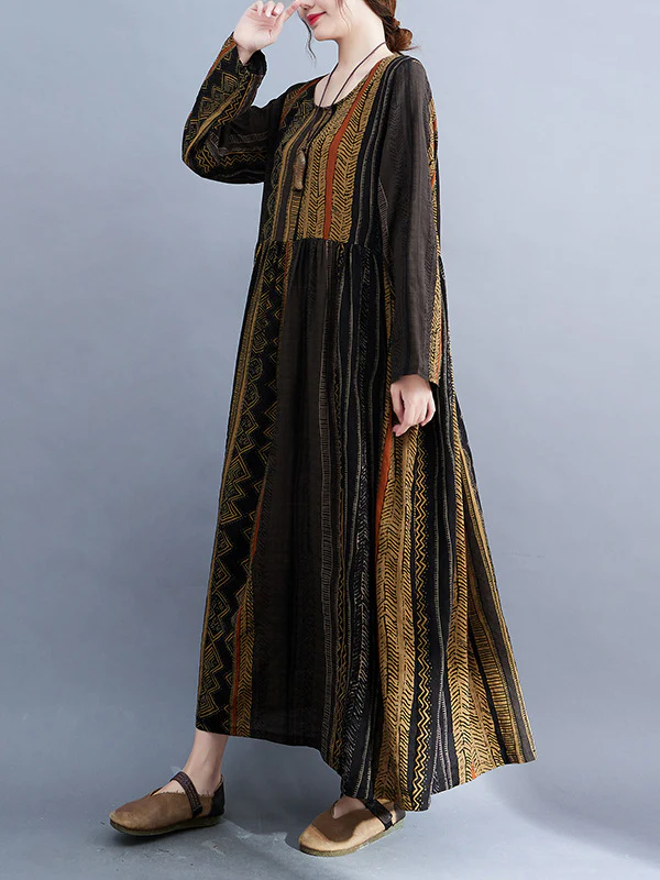 Vacation Loose Long Sleeves Contrast Color Printed Round-Neck Midi Dresses - Image 5