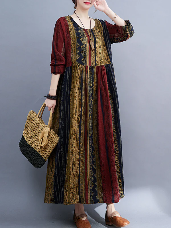 Vacation Loose Long Sleeves Contrast Color Printed Round-Neck Midi Dresses - Image 7