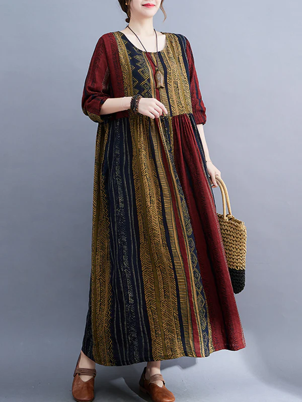 Vacation Loose Long Sleeves Contrast Color Printed Round-Neck Midi Dresses - Image 8