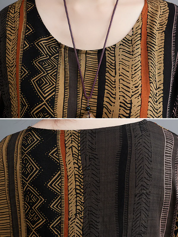 Vacation Loose Long Sleeves Contrast Color Printed Round-Neck Midi Dresses - Image 9
