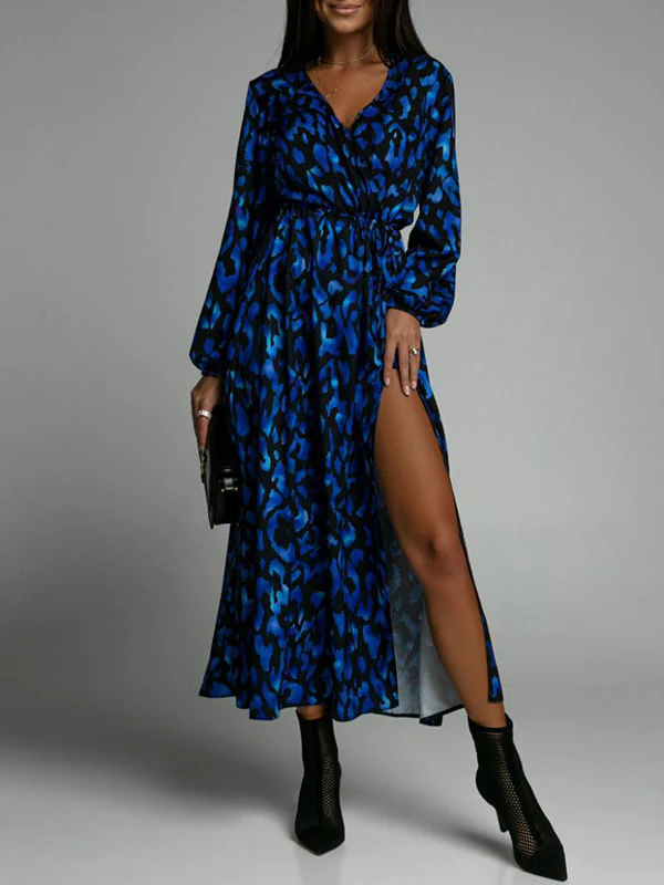 Vacation Loose Long Sleeves Split-Side Leopard V-Neck Midi Dresses - Image 2