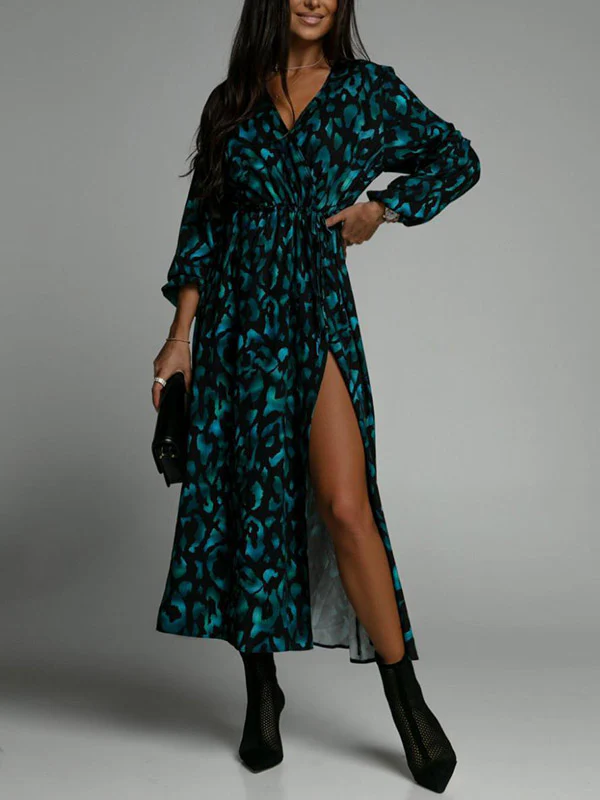 Vacation Loose Long Sleeves Split-Side Leopard V-Neck Midi Dresses - Image 3
