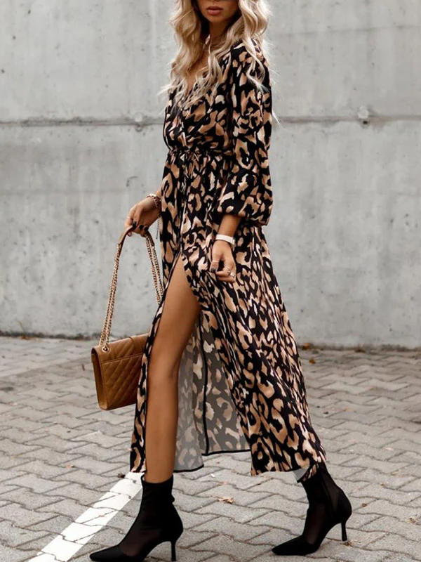 Vacation Loose Long Sleeves Split-Side Leopard V-Neck Midi Dresses - Image 4