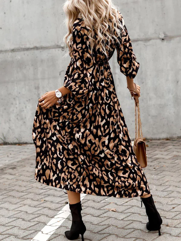 Vacation Loose Long Sleeves Split-Side Leopard V-Neck Midi Dresses - Image 5