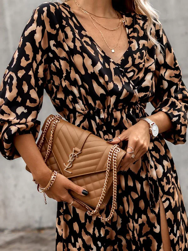 Vacation Loose Long Sleeves Split-Side Leopard V-Neck Midi Dresses - Image 6