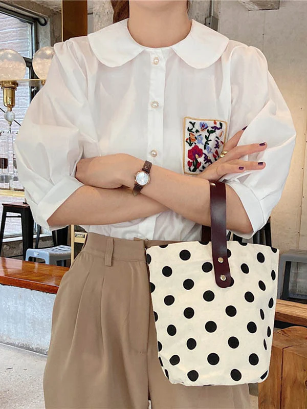 Vintage Canvas Polka-Dot Printed Makeup Tote Bag Bucket Bag - Image 10