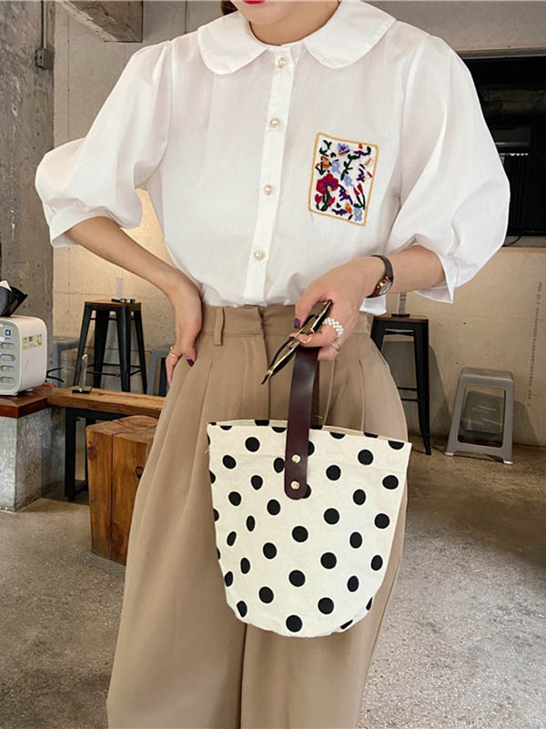Vintage Canvas Polka-Dot Printed Makeup Tote Bag Bucket Bag - Image 11