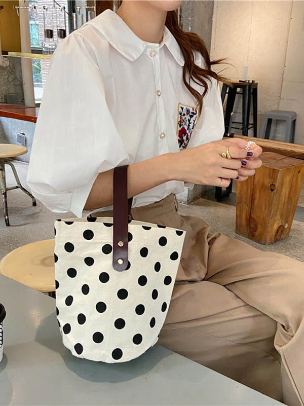 Vintage Canvas Polka-Dot Printed Makeup Tote Bag Bucket Bag - Image 12