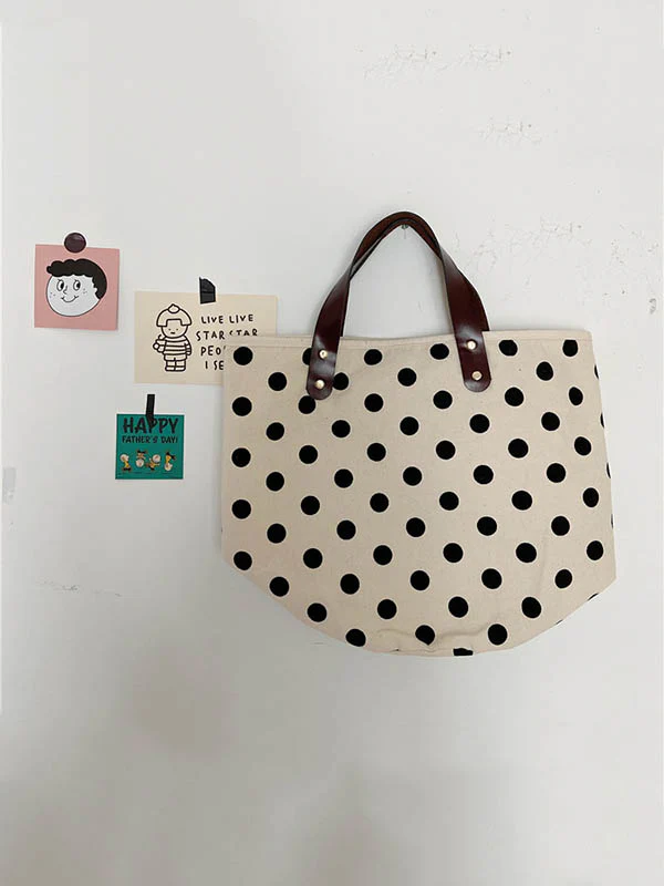 Vintage Canvas Polka-Dot Printed Makeup Tote Bag Bucket Bag - Image 13
