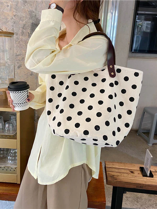 Vintage Canvas Polka-Dot Printed Makeup Tote Bag Bucket Bag - Image 2