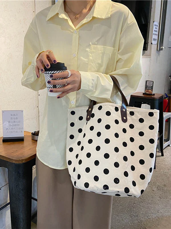 Vintage Canvas Polka-Dot Printed Makeup Tote Bag Bucket Bag - Image 4