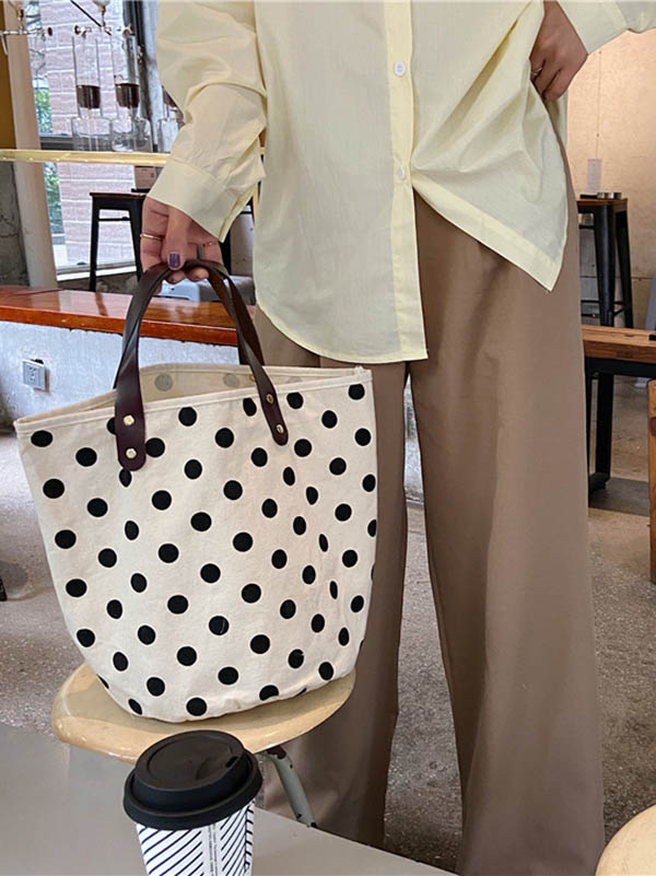 Vintage Canvas Polka-Dot Printed Makeup Tote Bag Bucket Bag - Image 7