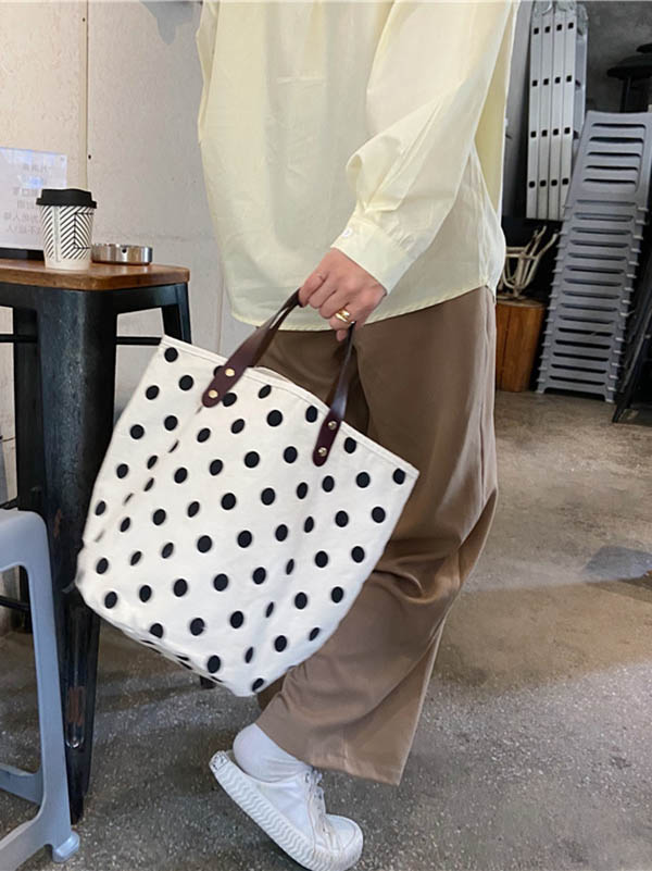 Vintage Canvas Polka-Dot Printed Makeup Tote Bag Bucket Bag - Image 8
