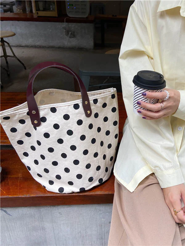Vintage Canvas Polka-Dot Printed Makeup Tote Bag Bucket Bag - Image 9