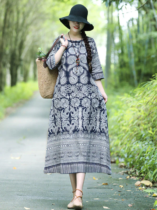 Vintage Cotton Blend Printing Midi Dresses - Image 2
