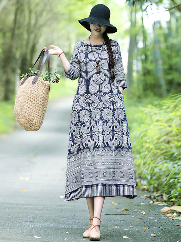 Vintage Cotton Blend Printing Midi Dresses - Image 3