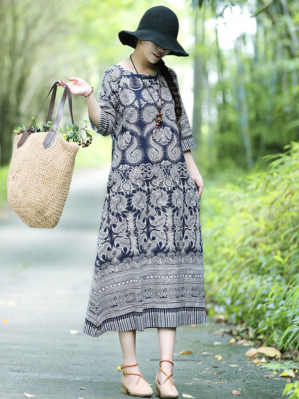 Vintage Cotton Blend Printing Midi Dresses - Image 4