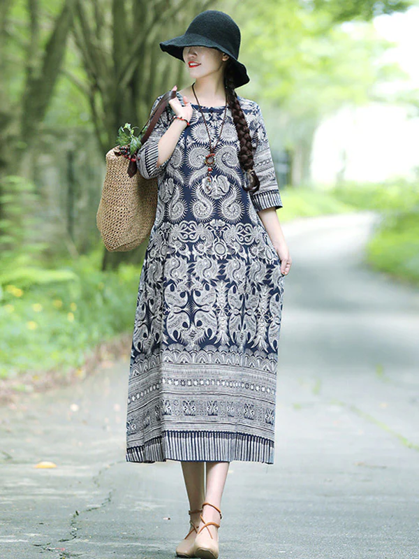 Vintage Cotton Blend Printing Midi Dresses - Image 5