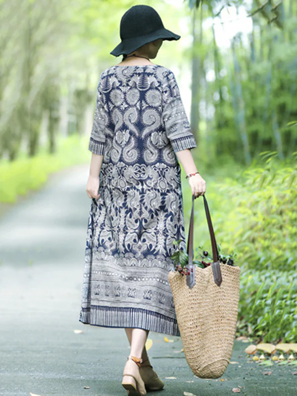 Vintage Cotton Blend Printing Midi Dresses - Image 6