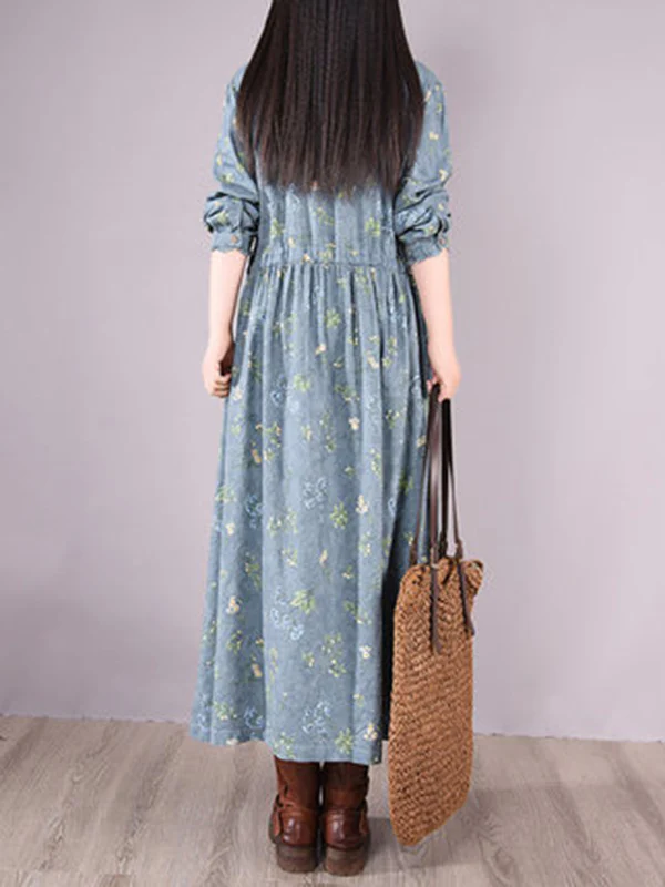 Vintage Floral Printed Ramie Cotton Loose Midi Dress - Image 10