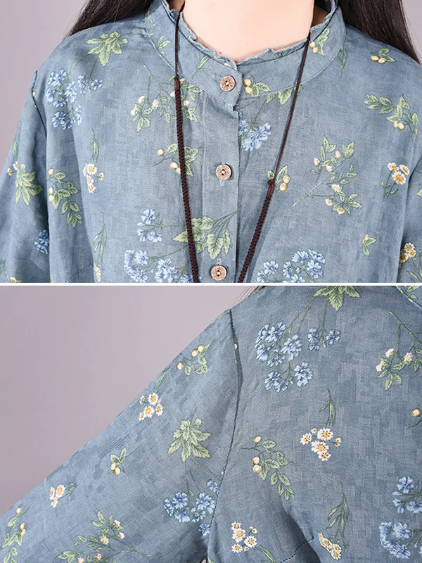 Vintage Floral Printed Ramie Cotton Loose Midi Dress - Image 11